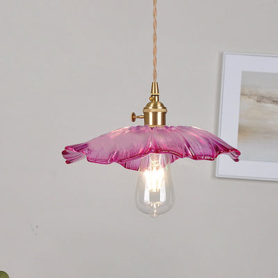 Modern Art Deco Sunflower Lotus Leaf Glass Shade Brass 1-Light Pendant Light For Living Room