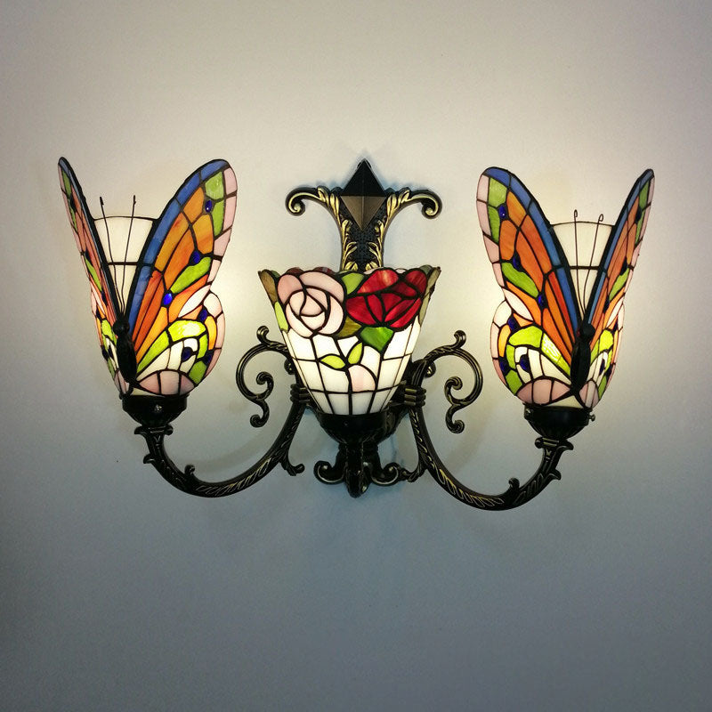 Traditional Tiffany European Butterfly Alloy Iron Glass 3-Light Wall Sconce Lamp For Hallway