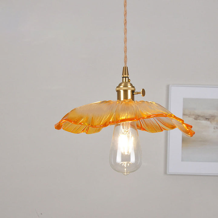 Moderne Art Deco Sonnenblume Lotusblatt Glasschirm Messing 1-flammige Pendelleuchte für Wohnzimmer 