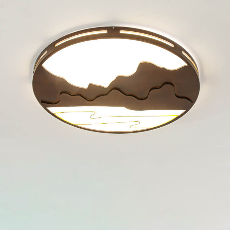 Modern Chinese Wooden Round Mountain Design LED Flush Mount Ceiling Light