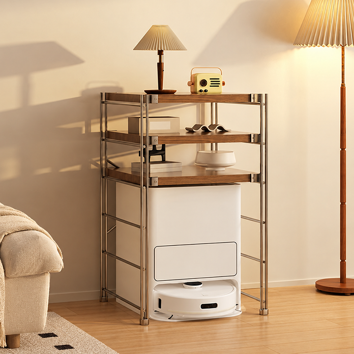 Modern Minimalist Steel &amp; Particleboard Storage Rack With Open Bottom Storage - Multi-Tier Organizer For Living Room &amp; Kitchen