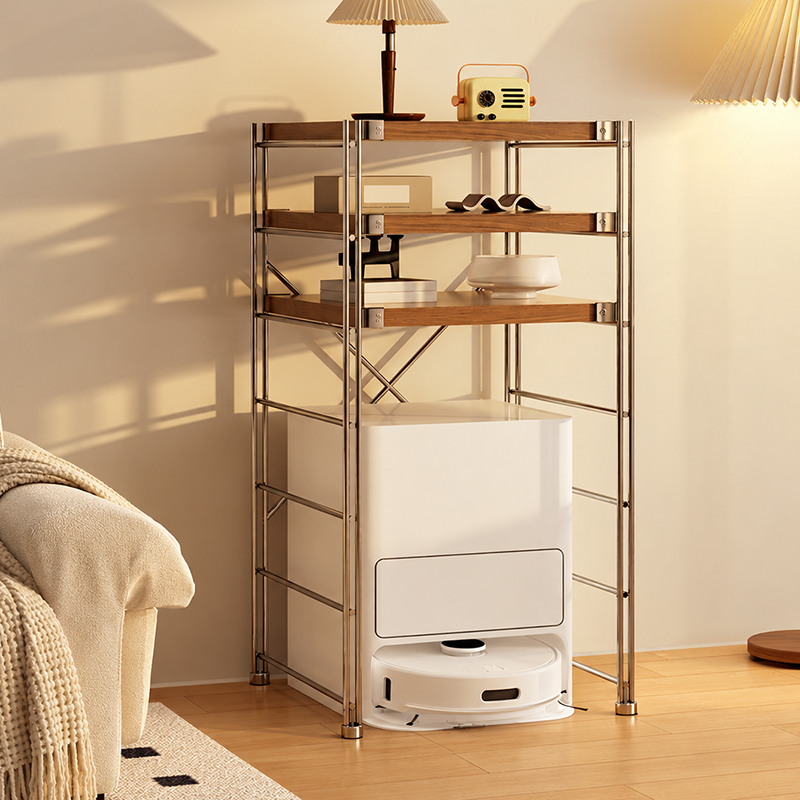Modern Minimalist Steel &amp; Particleboard Storage Rack With Open Bottom Storage - Multi-Tier Organizer For Living Room &amp; Kitchen
