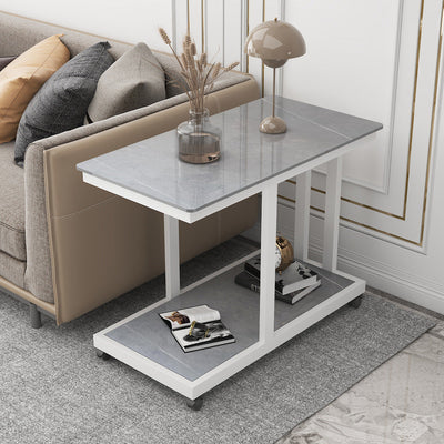 Table d'extrémité en acier rectangulaire à dalle de simplicité moderne à 2 niveaux, mobile pour salon 
