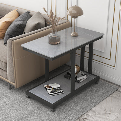Table d'extrémité en acier rectangulaire à dalle de simplicité moderne à 2 niveaux, mobile pour salon 