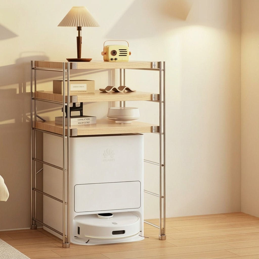 Modern Minimalist Steel &amp; Particleboard Storage Rack With Open Bottom Storage - Multi-Tier Organizer For Living Room &amp; Kitchen