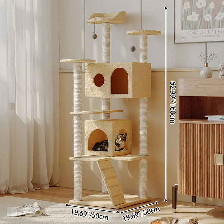 Árbol para gatos cuadrado moderno minimalista de MDF, terciopelo y sisal, con 3 condominios, 4 plataformas, 3 postes rascadores y 1 tablero rascador para la sala de estar 