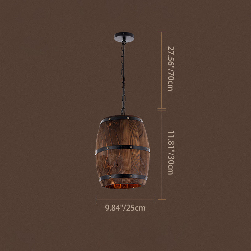 Lámpara colgante individual de 1 luz estilo barril de vino redondo rústico tradicional de hierro y madera para comedor 