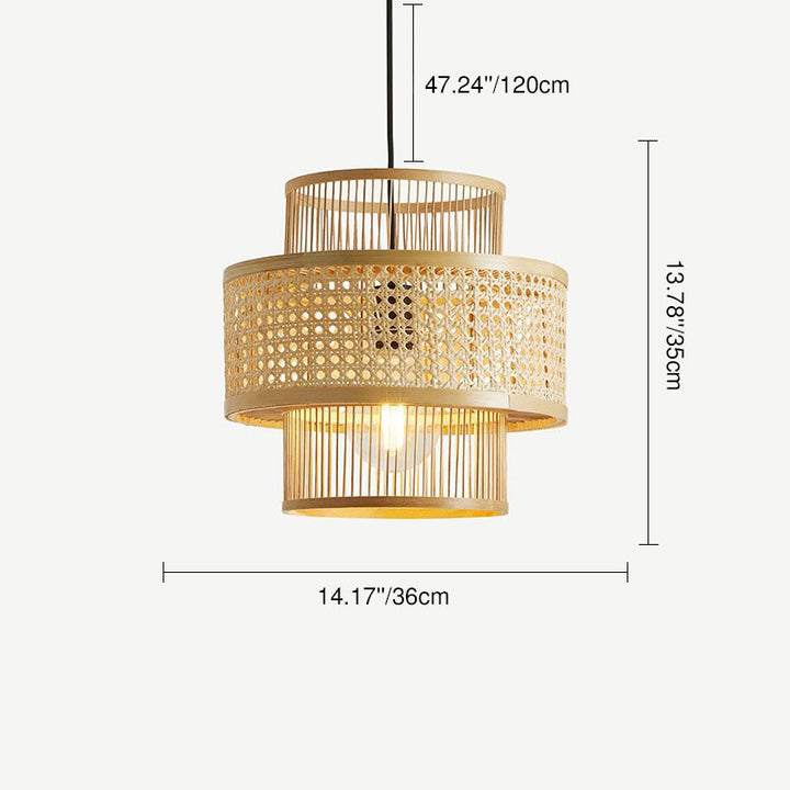 Lampe suspendue à 1 lumière en forme de cylindre de tissage en bambou de style japonais 