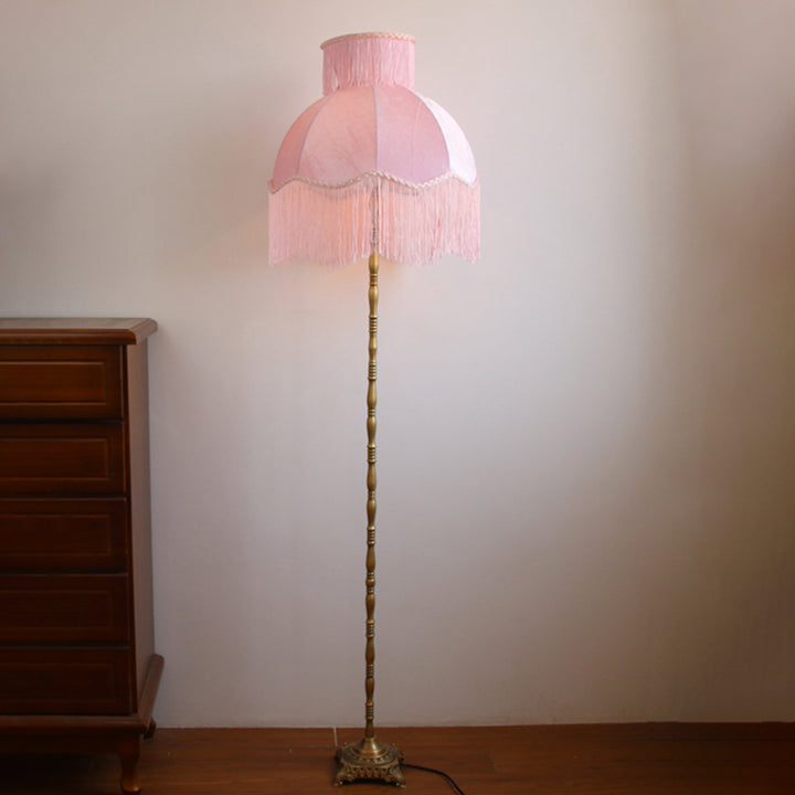 Lámpara de pie de 1 luz de cobre con tela de borla semicircular cilíndrica vintage tradicional para sala de estar 