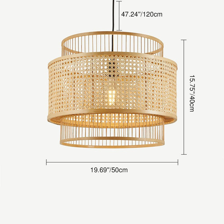 Lampe suspendue à 1 lumière en forme de cylindre de tissage en bambou de style japonais 
