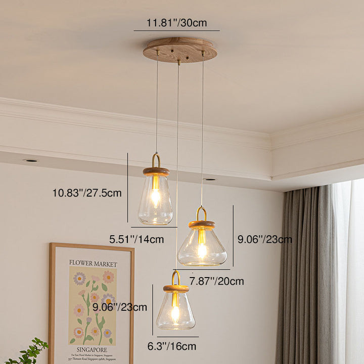 Moderne nordische runde Inselleuchte aus Glas und Holz mit 1/3-flammigem Kronleuchter-Design für das Wohnzimmer 