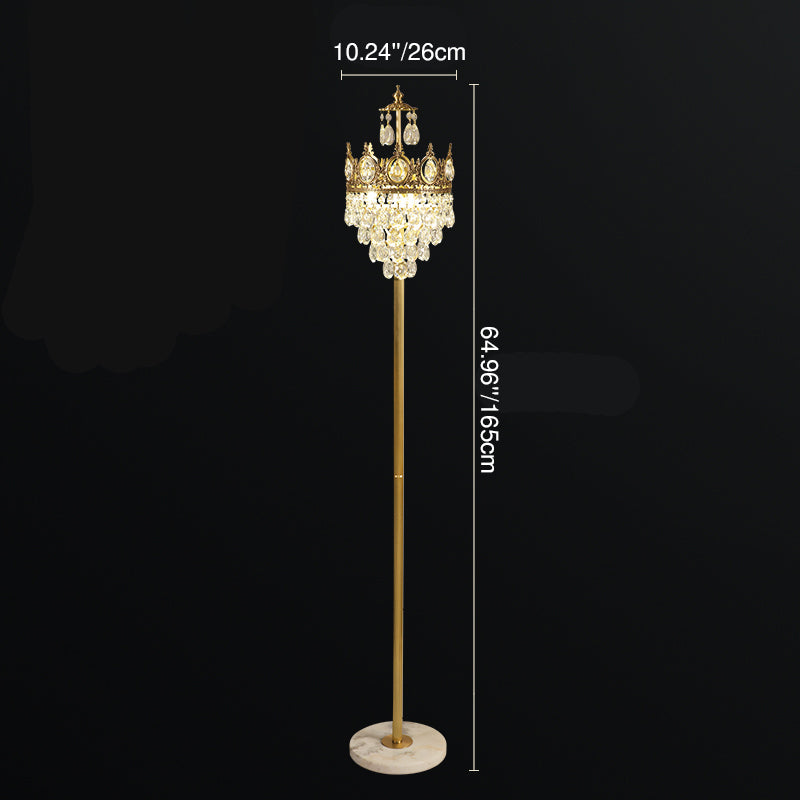 Lampe de sol traditionnelle de luxe en cuivre et laiton avec pendentif couronne en cristal à 3 lumières pour chambre 