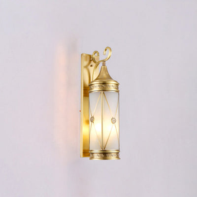 Contemporary Luxury Brass Frame Cylinder Water Pattern Glass Shade 3-Light Outdoor Wall Sconce Lamp For Garden