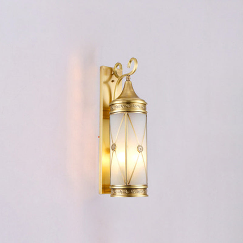 Contemporary Luxury Brass Frame Cylinder Water Pattern Glass Shade 3-Light Outdoor Wall Sconce Lamp For Garden