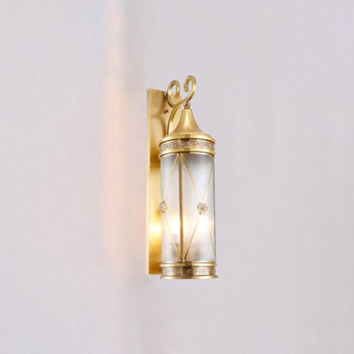 Applique murale extérieure contemporaine de luxe avec cadre en laiton et abat-jour en verre à motif d&