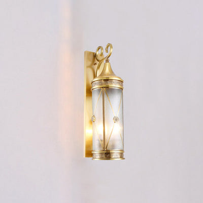Contemporary Luxury Brass Frame Cylinder Water Pattern Glass Shade 3-Light Outdoor Wall Sconce Lamp For Garden