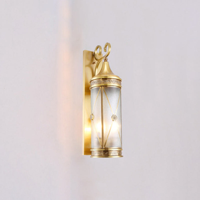 Contemporary Luxury Brass Frame Cylinder Water Pattern Glass Shade 3-Light Outdoor Wall Sconce Lamp For Garden