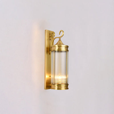 Contemporary Luxury Brass Frame Cylinder Water Pattern Glass Shade 3-Light Outdoor Wall Sconce Lamp For Garden
