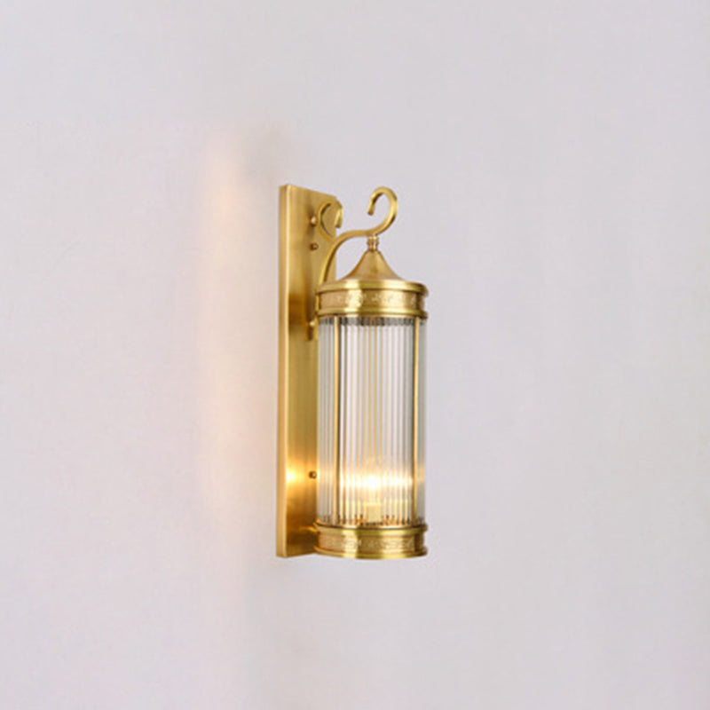 Contemporary Luxury Brass Frame Cylinder Water Pattern Glass Shade 3-Light Outdoor Wall Sconce Lamp For Garden