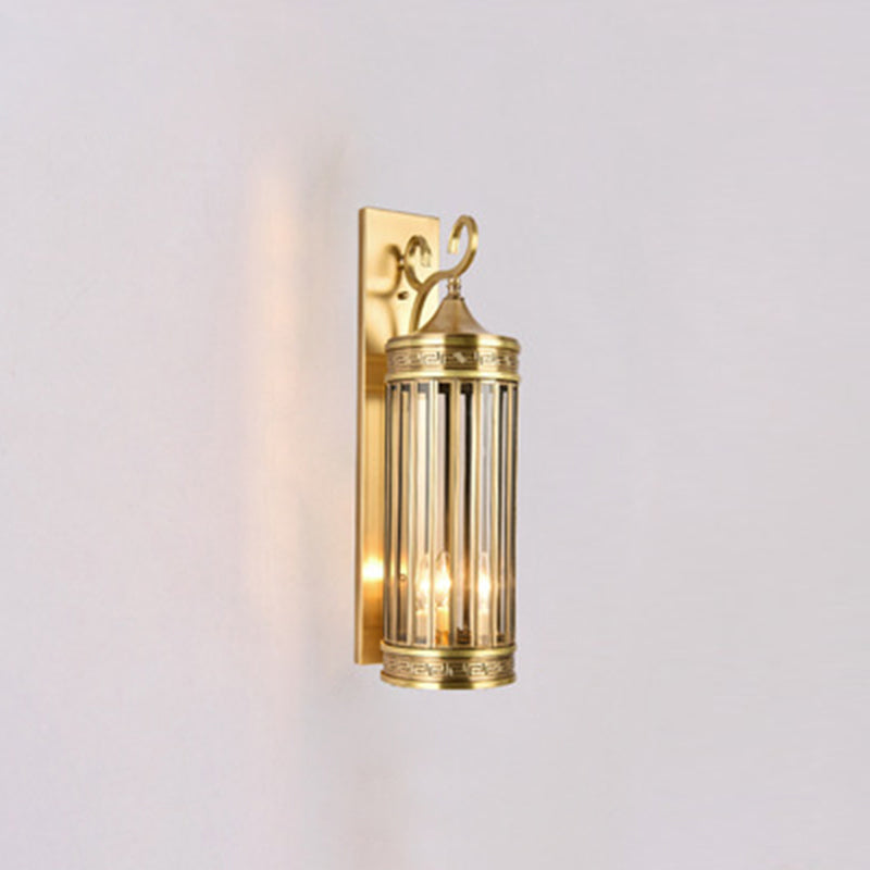 Contemporary Luxury Brass Frame Cylinder Water Pattern Glass Shade 3-Light Outdoor Wall Sconce Lamp For Garden