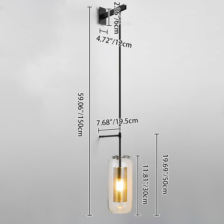 Aplique de pared largo de 1 luz con pantalla cilíndrica de vidrio transparente de estilo minimalista moderno para sala de estar 
