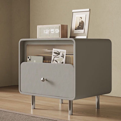 Modern Minimalist Square Microfiber Leather Medium Density Fiberboard Glass Stainless Steel Nightstand 1-Drawer For Bedroom
