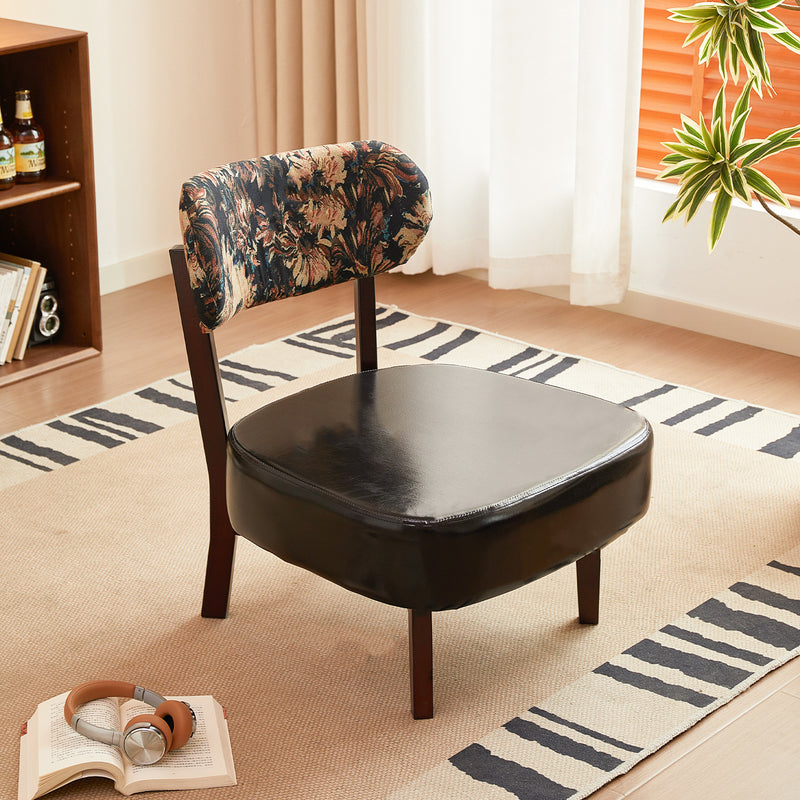 Traditional French Rectangular Cotton-Linen Fabric Oiled Leather Solid Wood Accent Chair Backrest Armless For Living Room