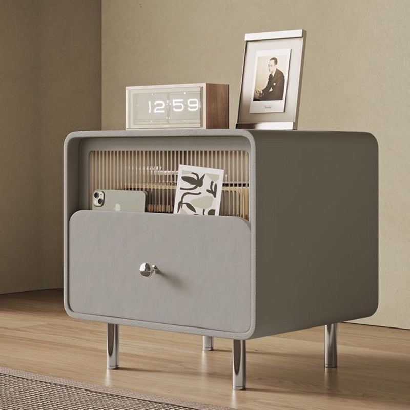 Modern Minimalist Square Microfiber Leather Medium Density Fiberboard Glass Stainless Steel Nightstand 1-Drawer For Bedroom