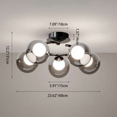 Modern Mid-Century Round Electroplated Glass Stainless Steel Carbon Steel 5-Light Semi-Flush Mount Ceiling Light For Living Room