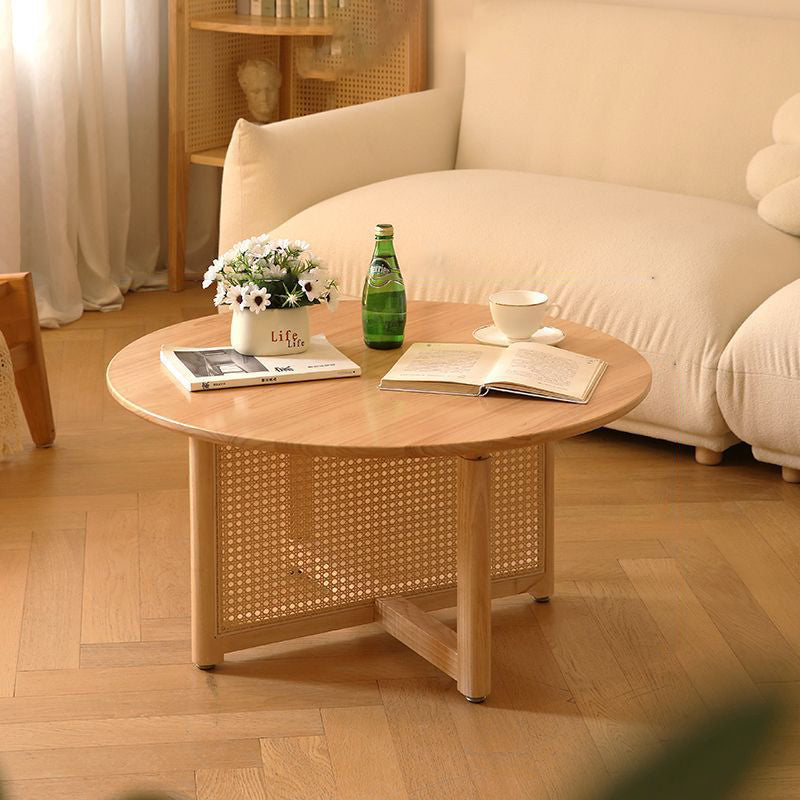 Traditional Japanese Round Rectangular Wicker-Woven Solid Wood Side Table 1-Tier For Living Room
