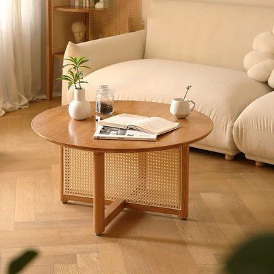Traditional Japanese Round Rectangular Wicker-Woven Solid Wood Side Table 1-Tier For Living Room