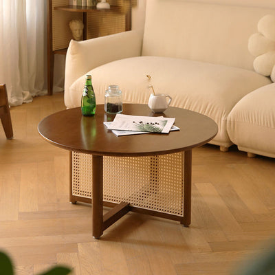 Traditional Japanese Round Rectangular Wicker-Woven Solid Wood Side Table 1-Tier For Living Room