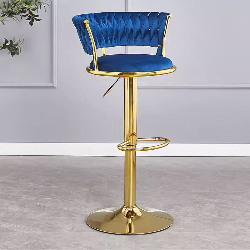 Contemporary Luxury Round Iron Faux Velvet Height Adjustable Bar Stool For Kitchen