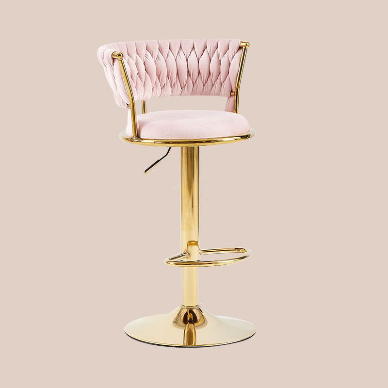 Contemporary Luxury Round Iron Faux Velvet Height Adjustable Bar Stool For Kitchen
