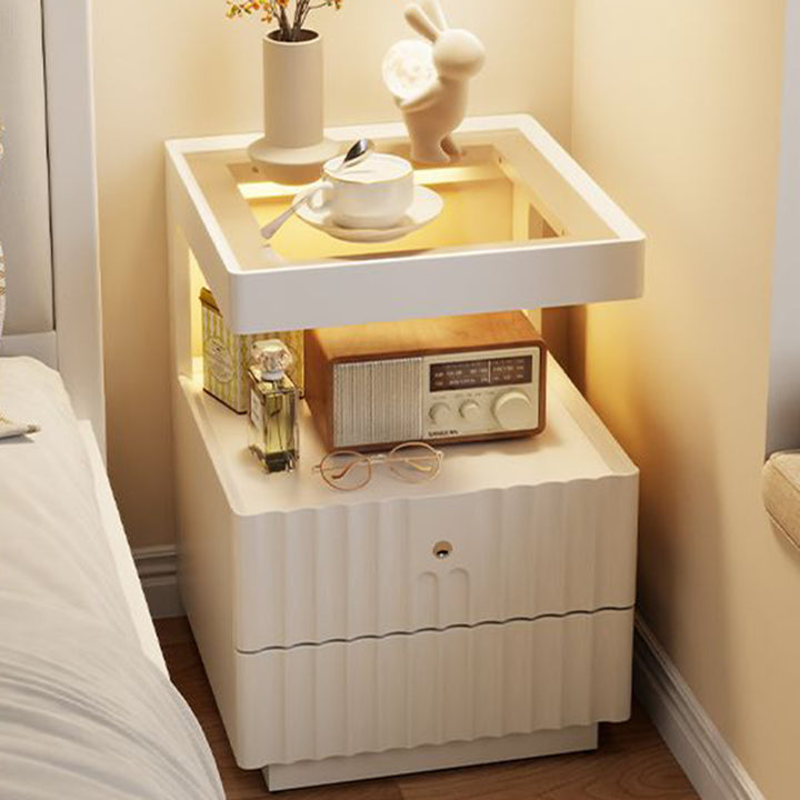 Contemporary Nordic Rectangular Rubberwood Pine Wood Tempered Glass Zinc Alloy Nightstand 2-Drawer For Bedroom