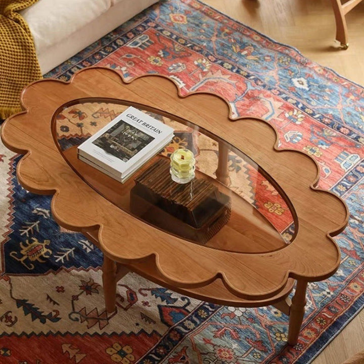Table basse elliptique vintage traditionnelle en bois et verre à fleurs à 2 niveaux pour salon 