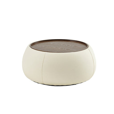 Contemporary Nordic Round Cylinder Walnut Wood Microfiber Leather Coffee Table 1-Storage For Living Room