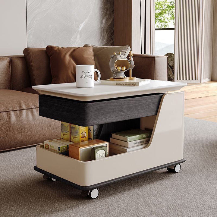 Moderner minimalistischer rechteckiger Couchtisch aus Glas und MDF mit abnehmbarer Konstruktion und 1 Ablagefach für das Wohnzimmer 