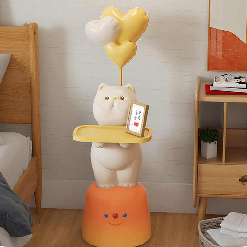 Moderner Art Deco Kinder Katzen rechteckiger Harz Metall Holz Beistelltisch 1-Tablett mit LED-Licht für Schlafzimmer 