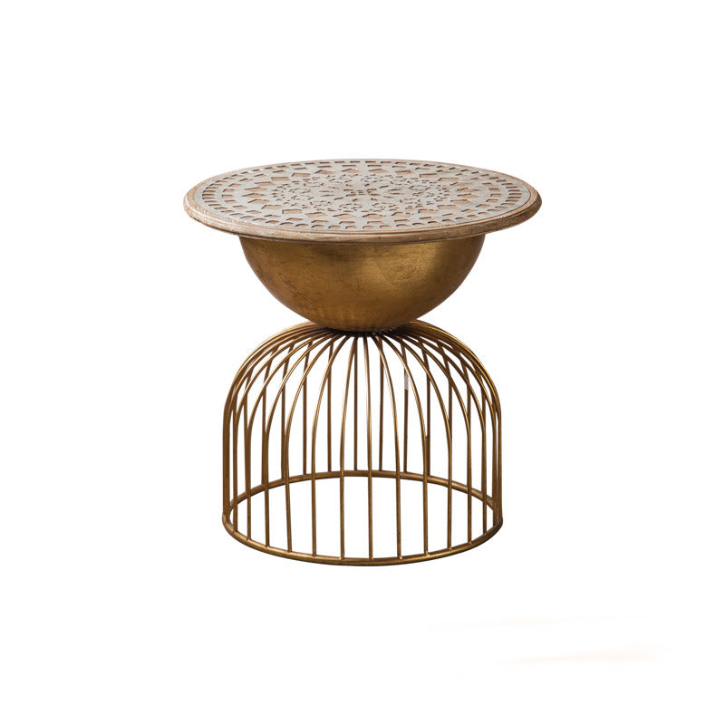 Traditional Vintage Round Half Column Wood Metal Coffee Table 1-Tier For Living Room