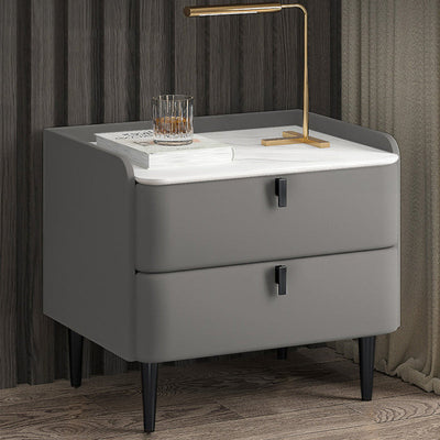 Table de nuit moderne en cuir, bois de pin et acier au carbone avec plateau rectangulaire et 2 tiroirs 