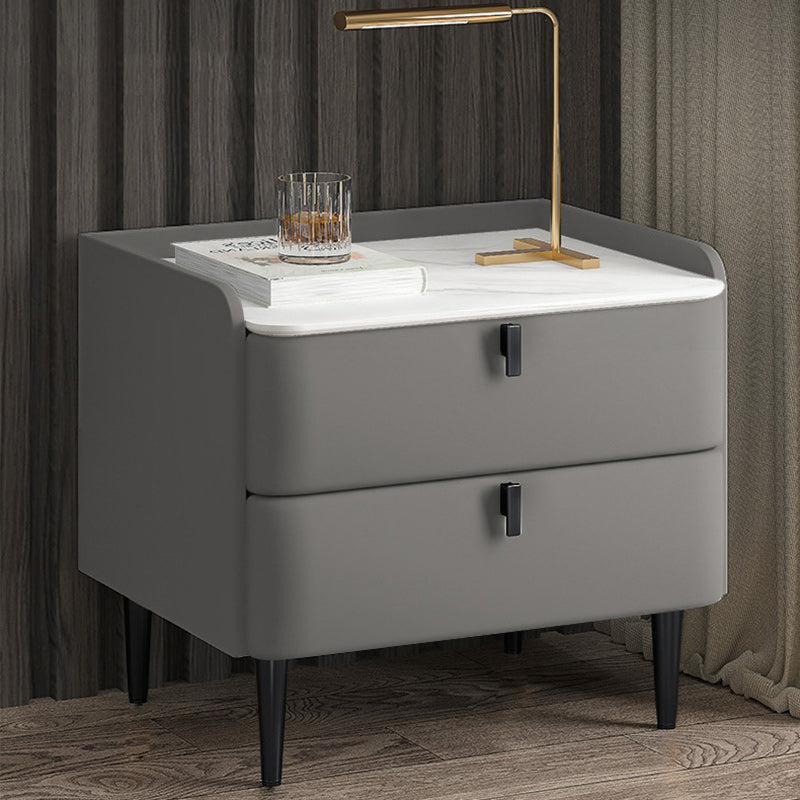 Table de nuit moderne en cuir, bois de pin et acier au carbone avec plateau rectangulaire et 2 tiroirs 