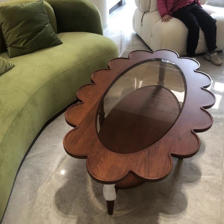 Table basse elliptique vintage traditionnelle en bois et verre à fleurs à 2 niveaux pour salon 