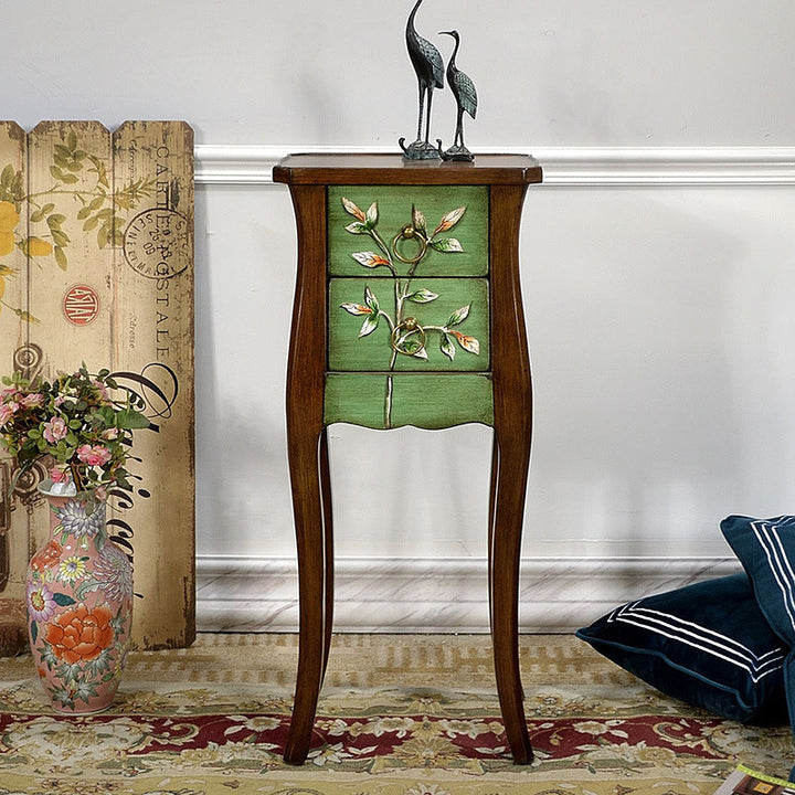 Traditioneller europäischer quadratischer runder Blumen bemalter Birken-Gummi-Holz-MDF-Metall-Beistelltisch mit 2 Schubladen für das Wohnzimmer 