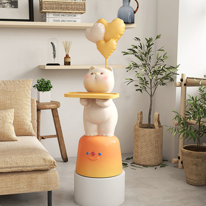 Moderner Art Deco Kinder Katzen rechteckiger Harz Metall Holz Beistelltisch 1-Tablett mit LED-Licht für Schlafzimmer 