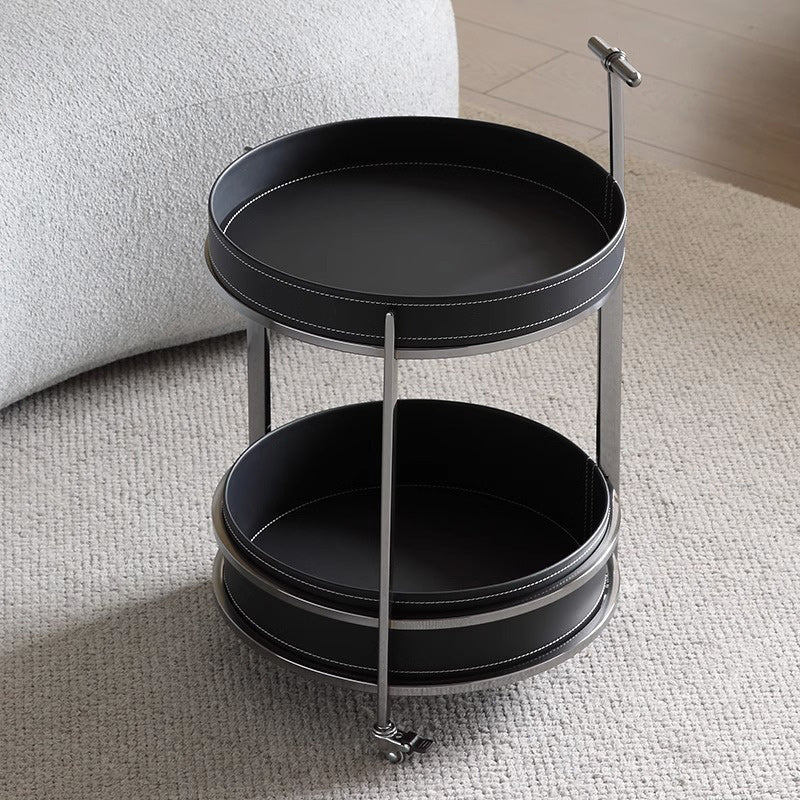 Moderner minimalistischer runder Beistelltisch aus Kunstleder im Sattel-Look mit Edelstahl, 2-stufig, für das Wohnzimmer 