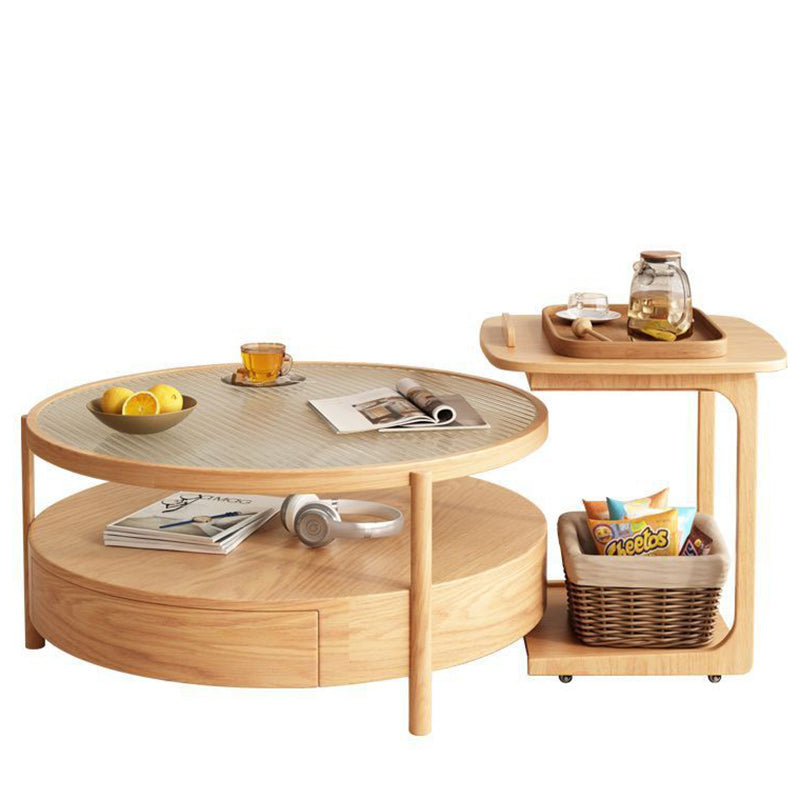 Zeitgenössischer japanischer quadratischer runder Glas-Holz-Beistelltisch 2-stufig für das Wohnzimmer 