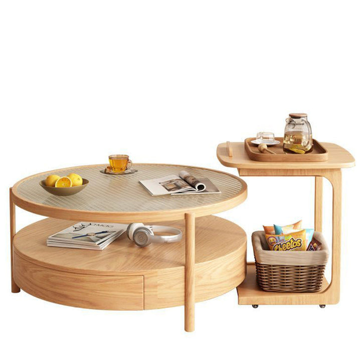 Zeitgenössischer japanischer quadratischer runder Glas-Holz-Beistelltisch 2-stufig für das Wohnzimmer 