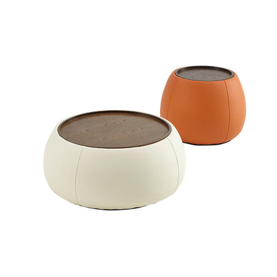 Contemporary Nordic Round Cylinder Walnut Wood Microfiber Leather Coffee Table 1-Storage For Living Room