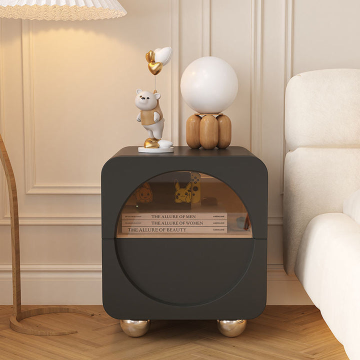 Contemporary Scandinavian Square Rounded Corners Faux Leather Glass Sheet Stainless Steel Nightstand 2-Drawer For Bedroom